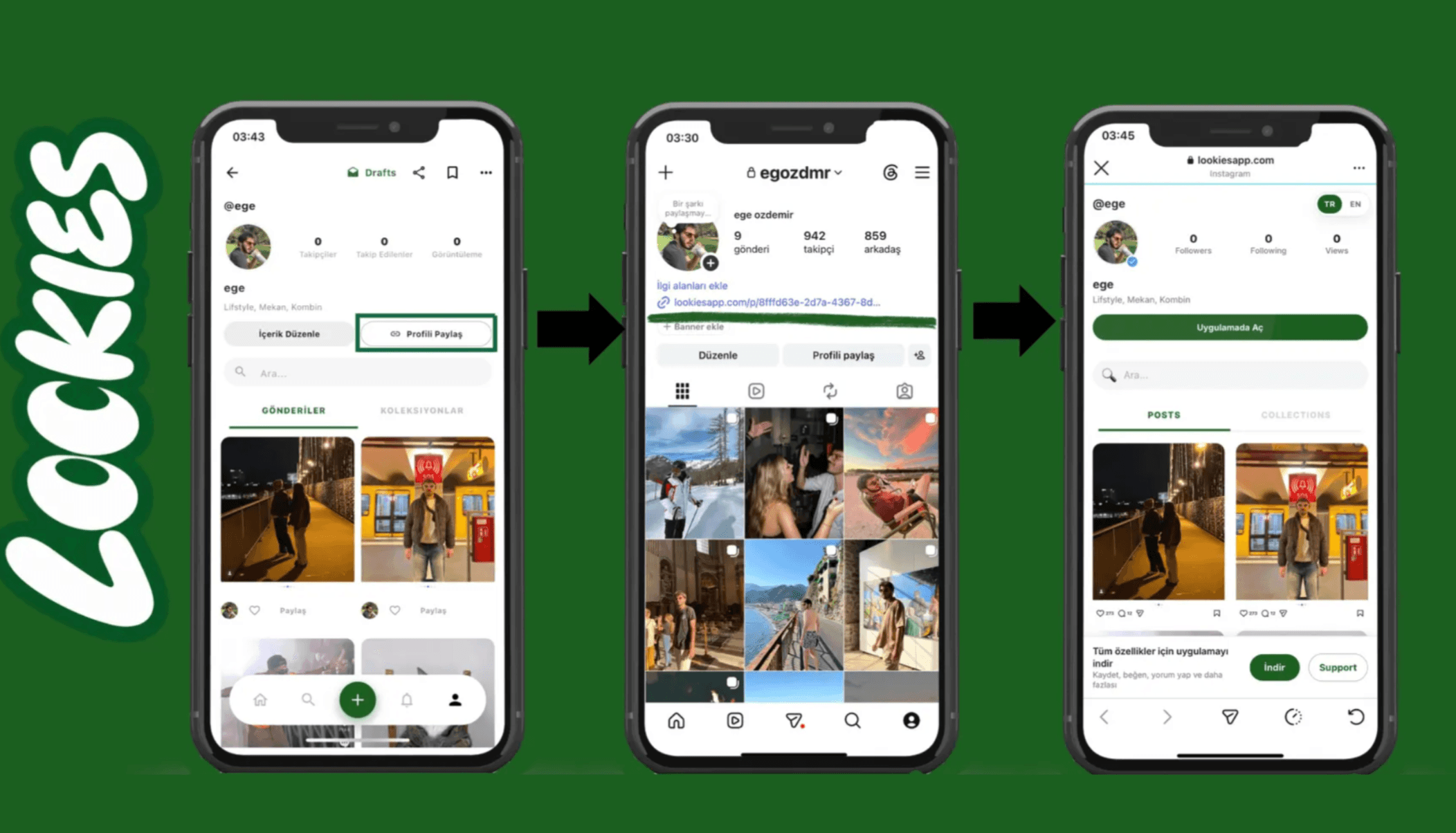 Lookies profil linkini Instagram, TikTok veya istediğin yerde paylaş; uygulamayı indirmeyenler bile ürünlerine ve içeriklerine ulaşsın.