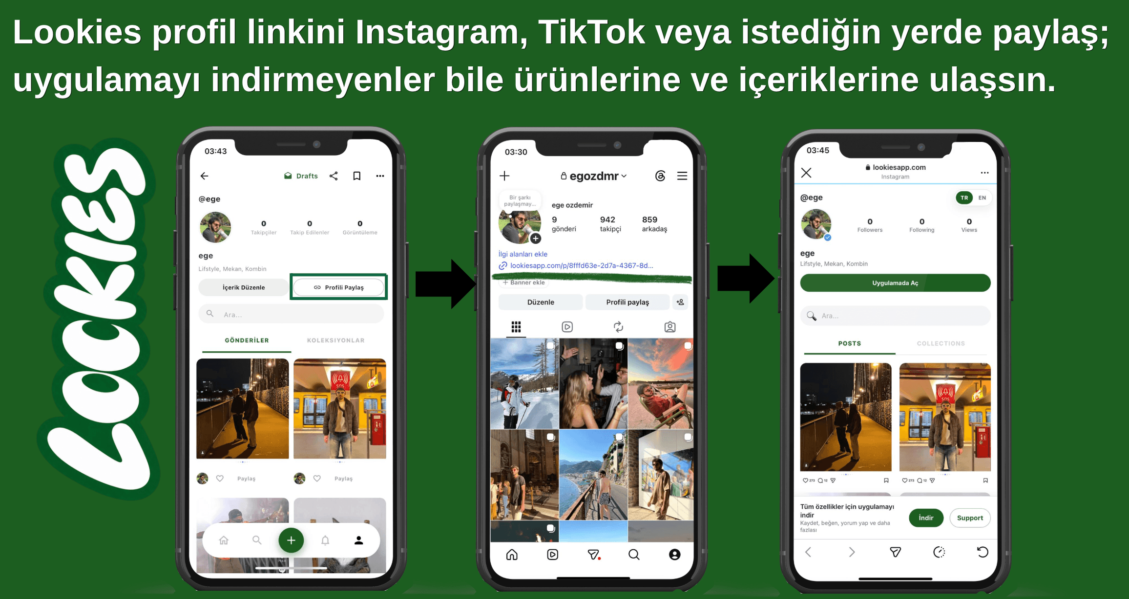 Üç ekranlık yolculuk: Lookies profilinden linki kopyala, Instagram bio’na ekle, insanlar public profilini uygulamasız görüntülesin